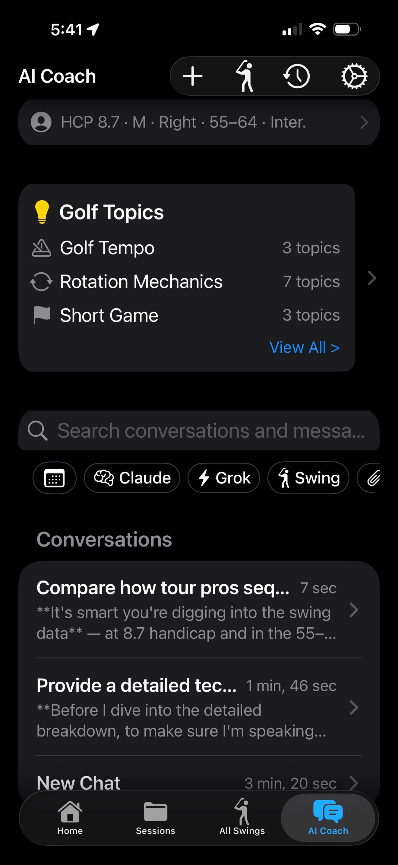 MotionEdge AI Coach screen showing the user's profile (HCP 8.7, Right-handed, age 55–64, Intermediate), a Golf Topics library with categories for Tempo, Rotation Mechanics, and Short Game, AI-provider filters for Claude and Grok, and three active conversations with timestamps and message previews about tour pro sequencing and swing breakdowns
