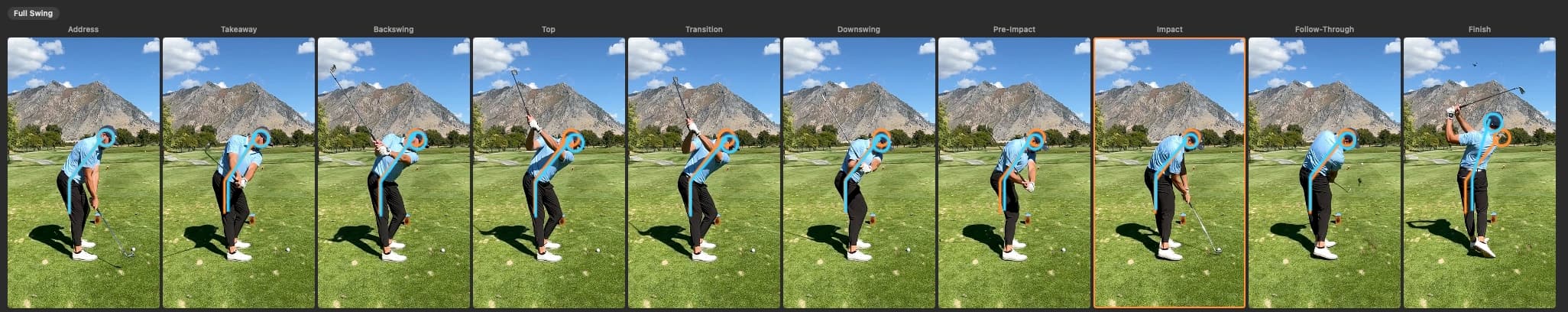 MotionEdge filmstrip view showing a full golf swing analyzed at ten labeled positions — Address, Takeaway, Backswing, Top, Transition, Downswing, Pre-Impact, Impact, Follow-Through, Finish — with cyan posture tracking overlaid on each frame