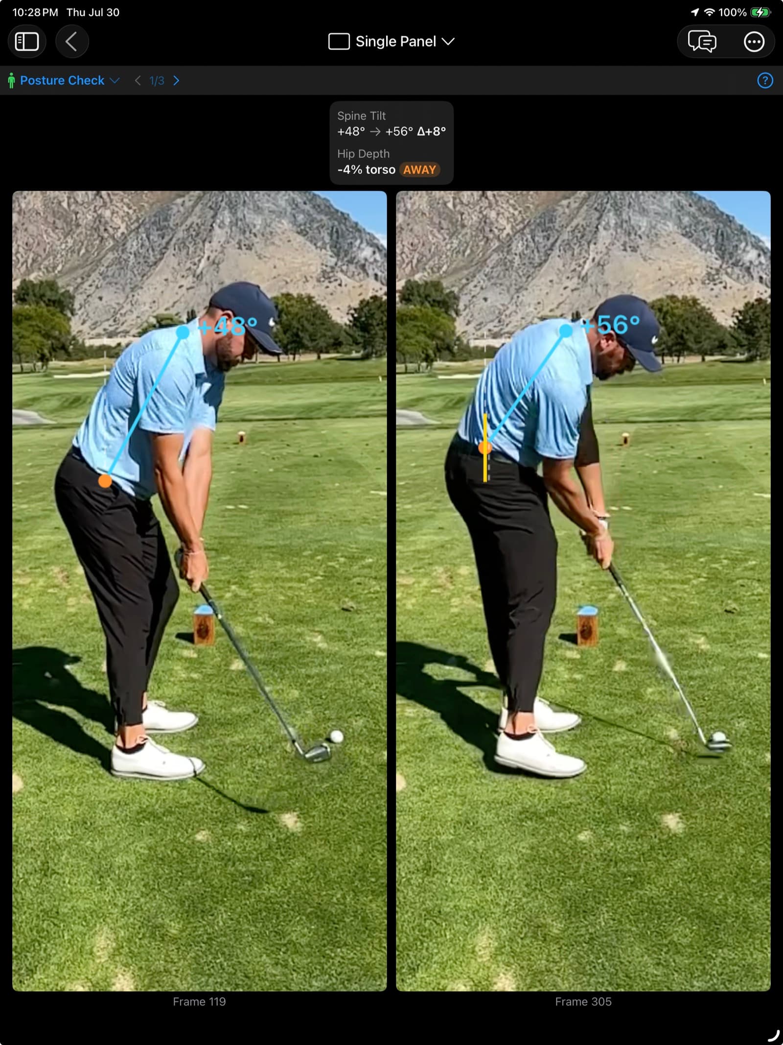 MotionEdge Posture Check on iPad, comparing one swing at two positions side by side. The left frame is labelled Frame 119 with a cyan spine line reading +48 degrees; the right is Frame 305 with the same line reading +56 degrees. A panel above reads Spine Tilt +48 to +56, delta +8 degrees, and Hip Depth minus 4 percent of torso, tagged AWAY