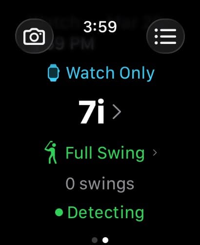 MotionEdge on Apple Watch showing session screen with swing detection active