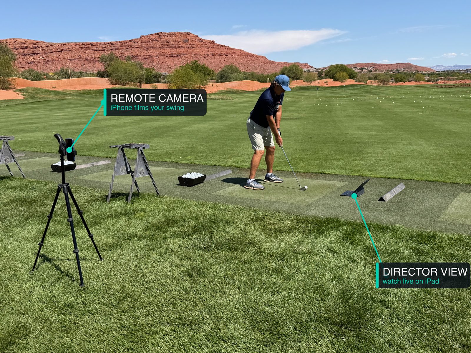 A driving-range setup showing the two roles — an iPhone on a tripod acts as the Remote Camera filming the golfer's swing, while an iPad on the mat acts as the Director, showing the live feed so you can rehearse and review without walking back to the camera