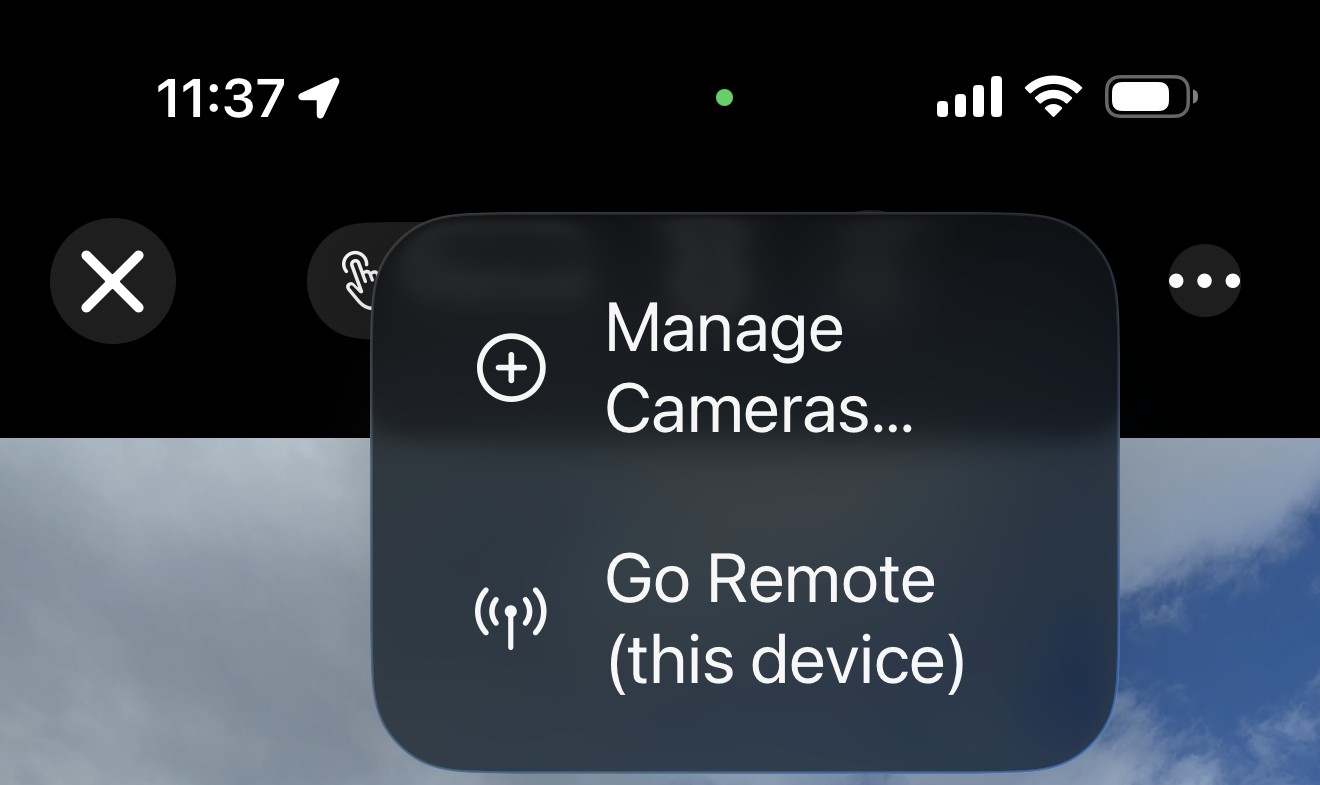 The top-bar camera menu — Manage Cameras (act as the Director) and Go Remote (this device) (broadcast as a Remote)